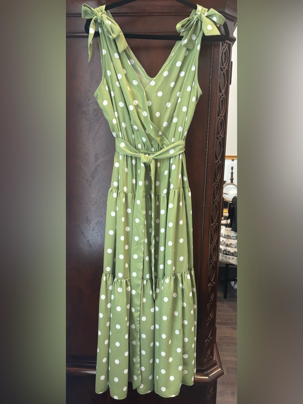 Women’s medium Green Polka Dot Tiered Dress with Waist Tie
